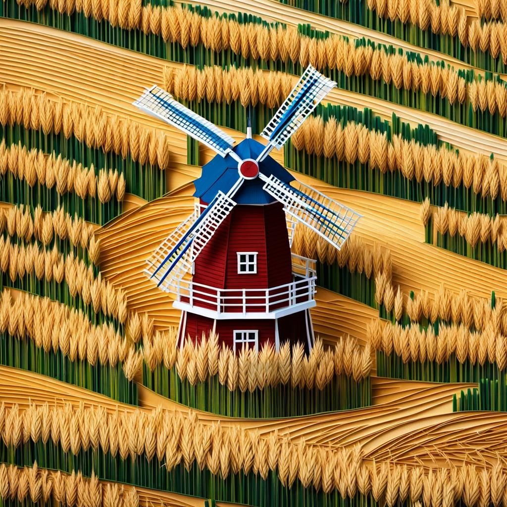 Windmill in Wheatfield with Papercraft Details
