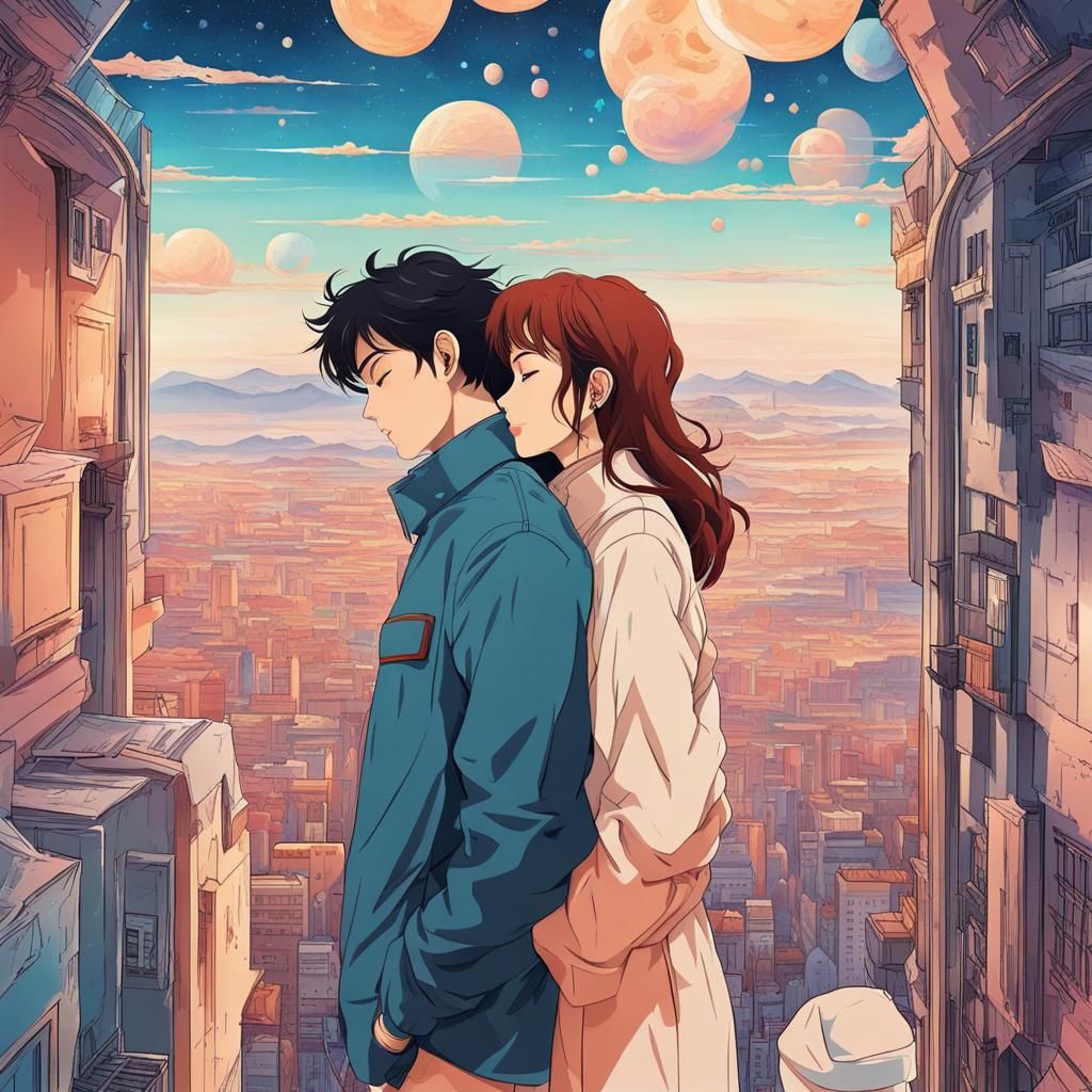 Adoring Couple Amidst Cosmic Ligne Claire Dreamscape