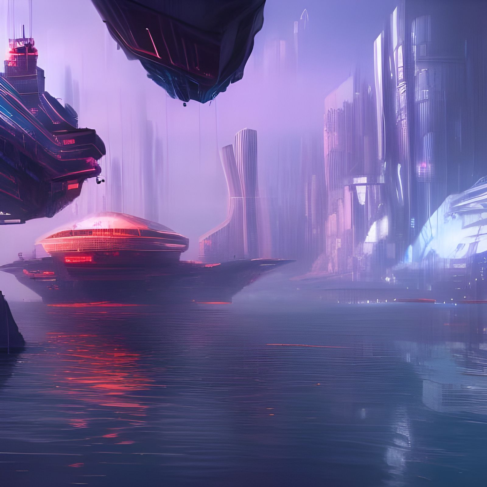 Cyberpunk Pirate City Floating in Purple Haze