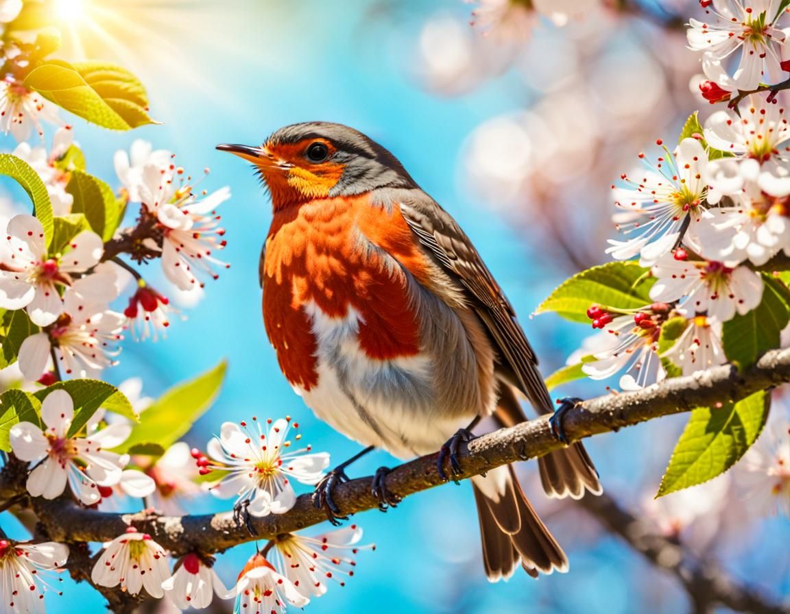 Vibrant Spring Scene with Singing Robin in Cherry Blossom