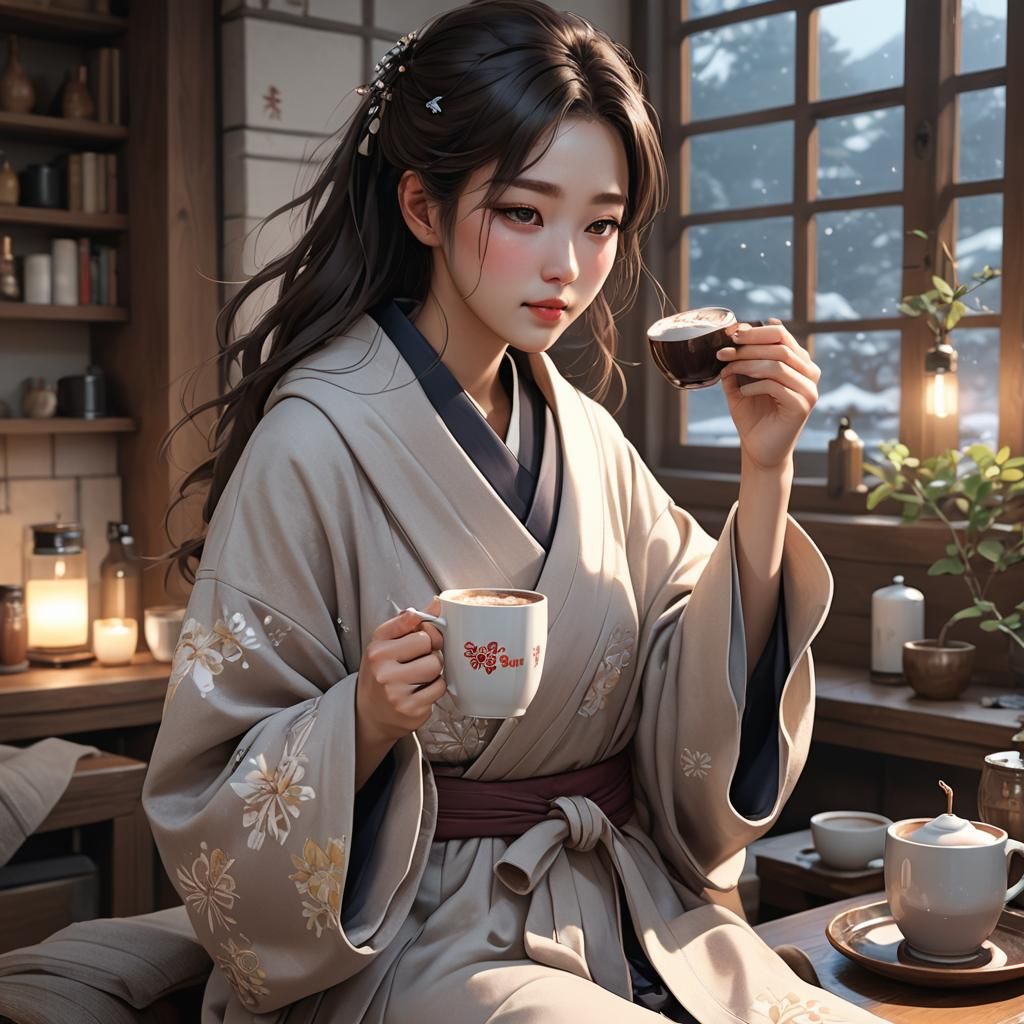 Surreal Korean Girl Sips Hot Chocolate in Cozy Robe
