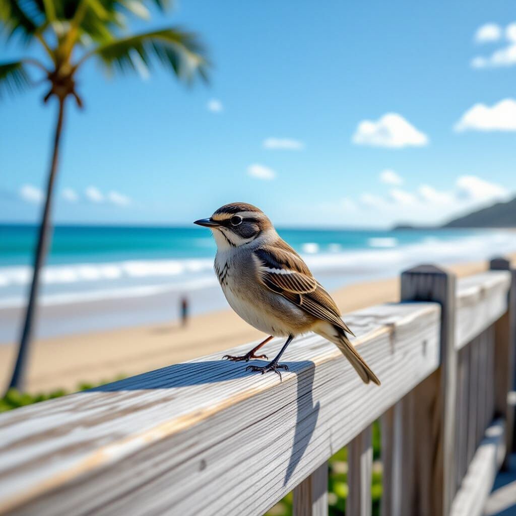 Brown Bird on Railing Observing Sunny Beach Scene