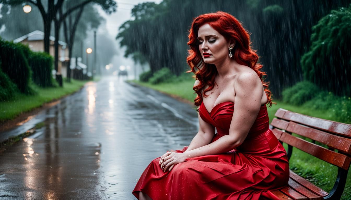 Redheaded Indian Woman in Rainy Town
