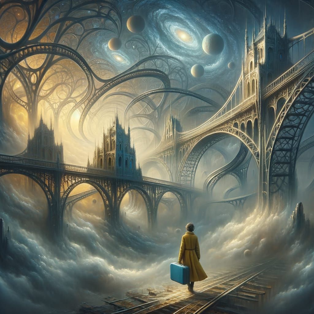 Ethereal Traveler on Spiraling Bridges in Romantic Style