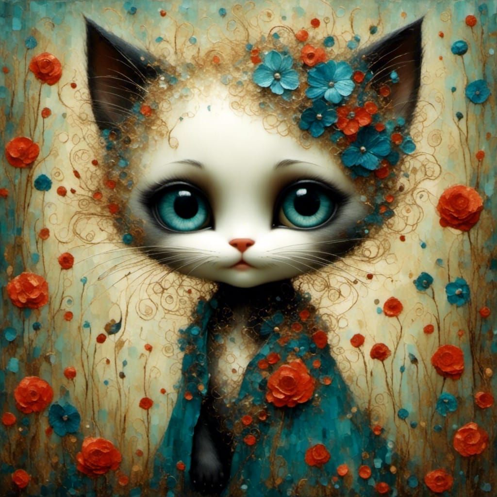 Whimsical Oil Painting of a Cute Kitten in a Gothic Dreamsca...