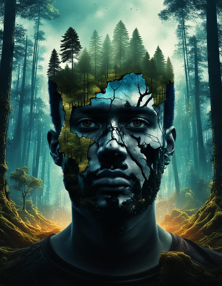 Double Exposure Portrait in Fantastical Deforestation Scene