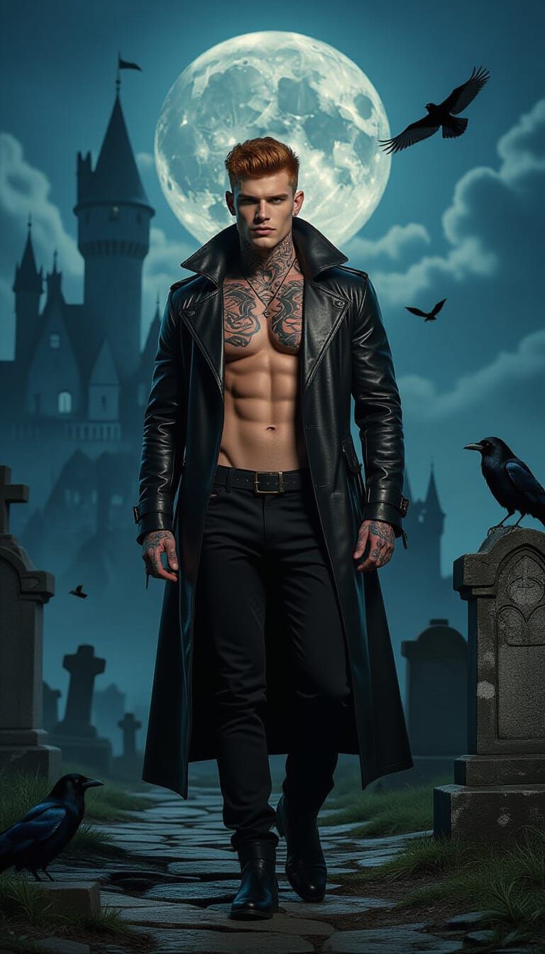 Gothic Man in Leather Coat at Sinister Castle