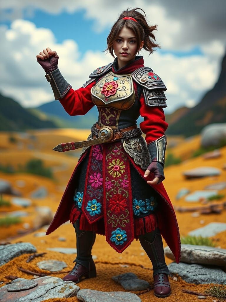 Felt Warrior Woman on Fabric Battlefield