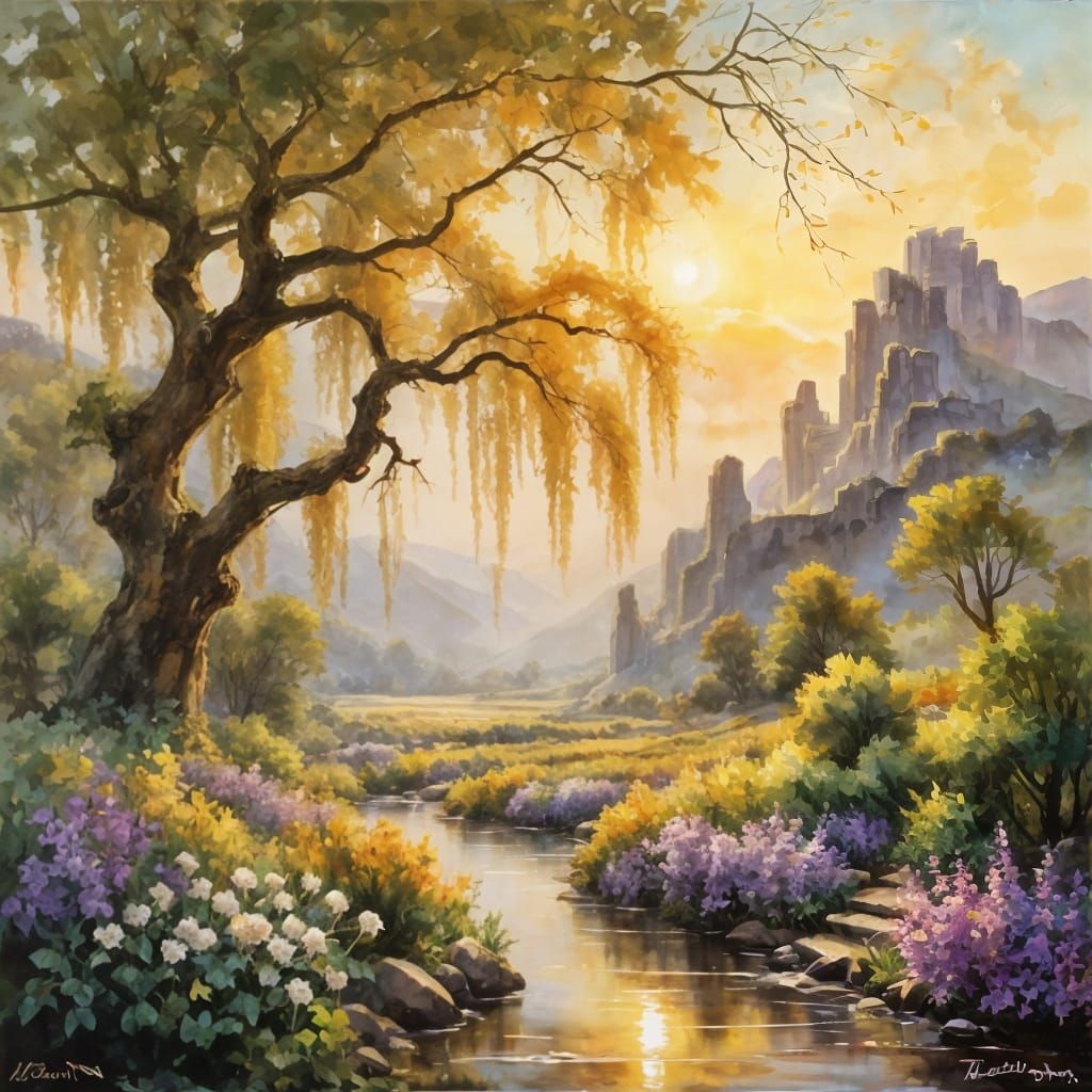 Sun-Drenched Garden Landscape in Watercolor Style