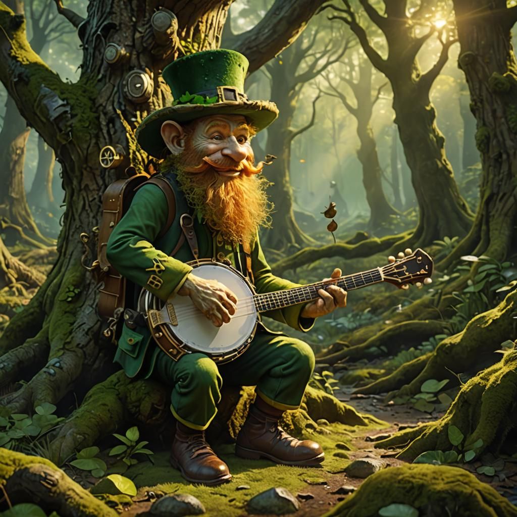 Mystical Leprechaun Banjo Player in Emerald Forest