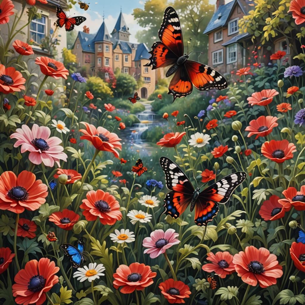 Vibrant Hyperrealistic Scene of Red Anemone Flowers and Inse...