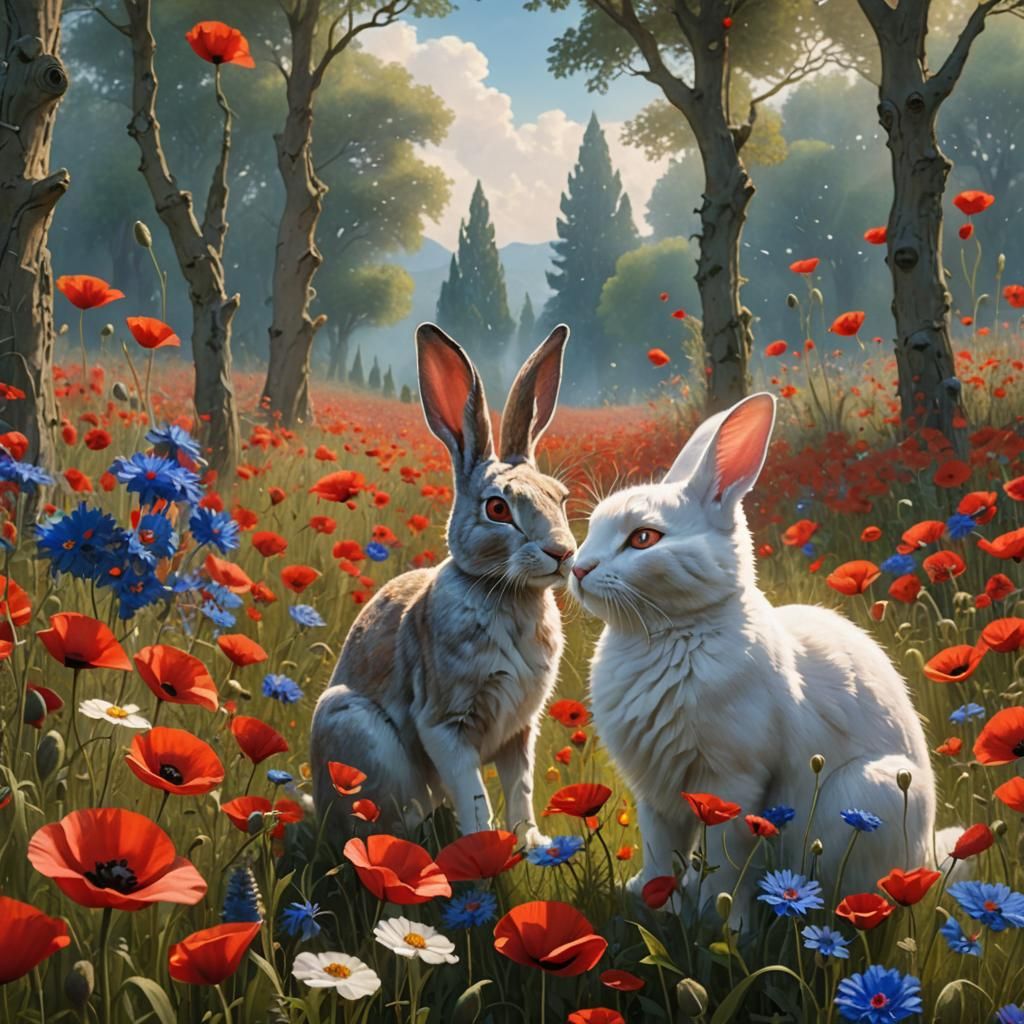 Intricate Morning Scene with Jack Rabbit and White Cat Amids...