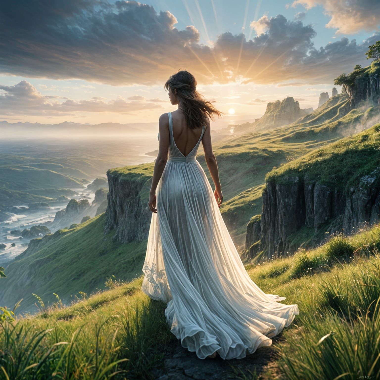 Surreal Sunrise Fantasy Scene with Hyperdetailed Woman in Wh...