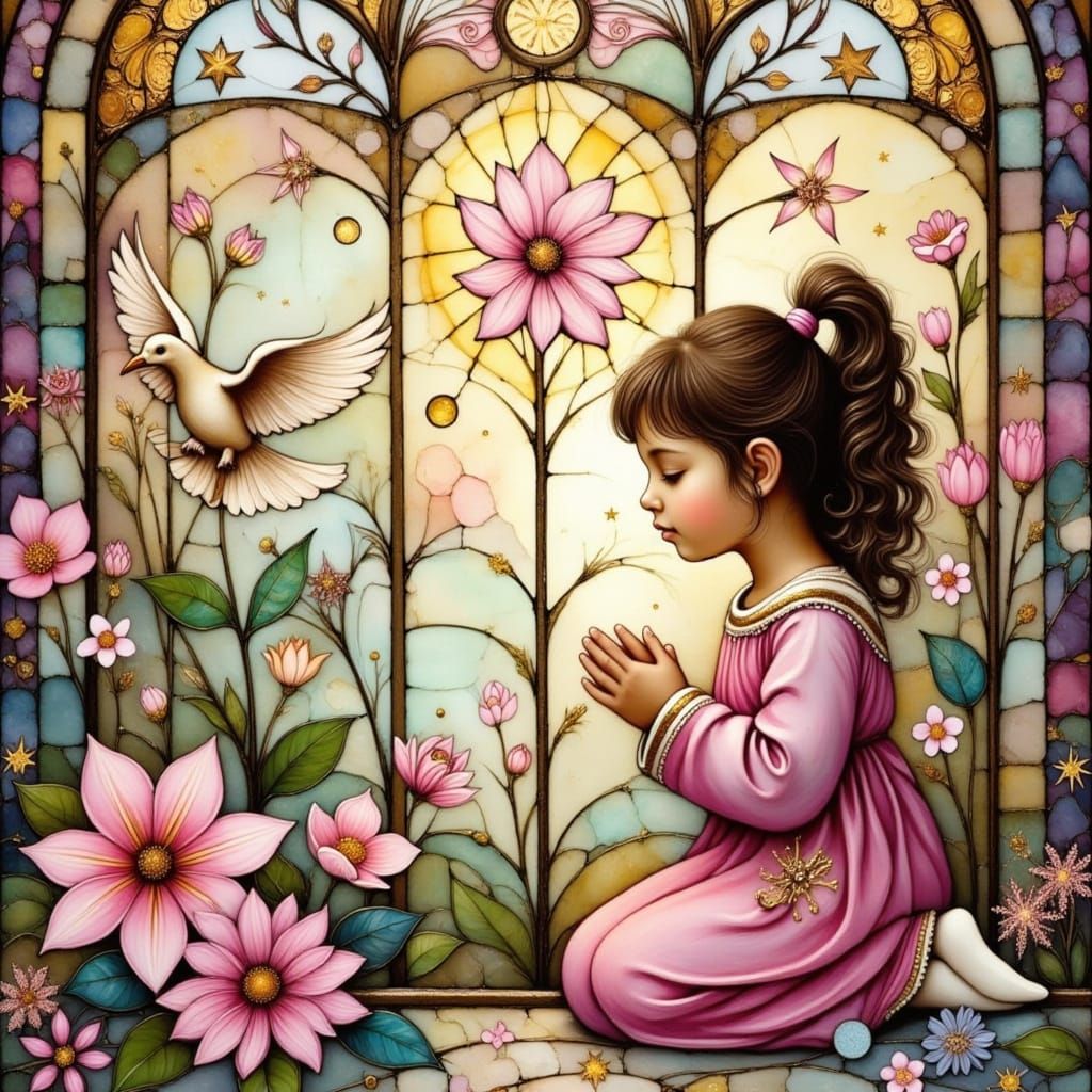 Toddler Praying Before Stained Glass Window
