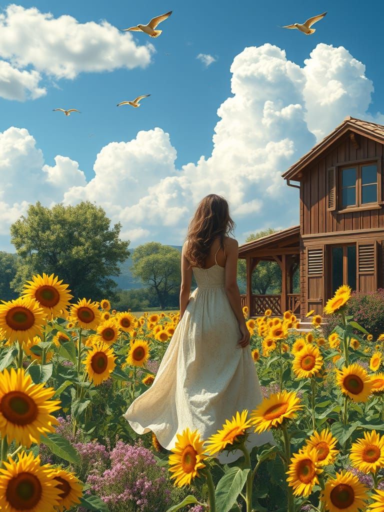 Woman in Sunflower Field, Impressionist Style