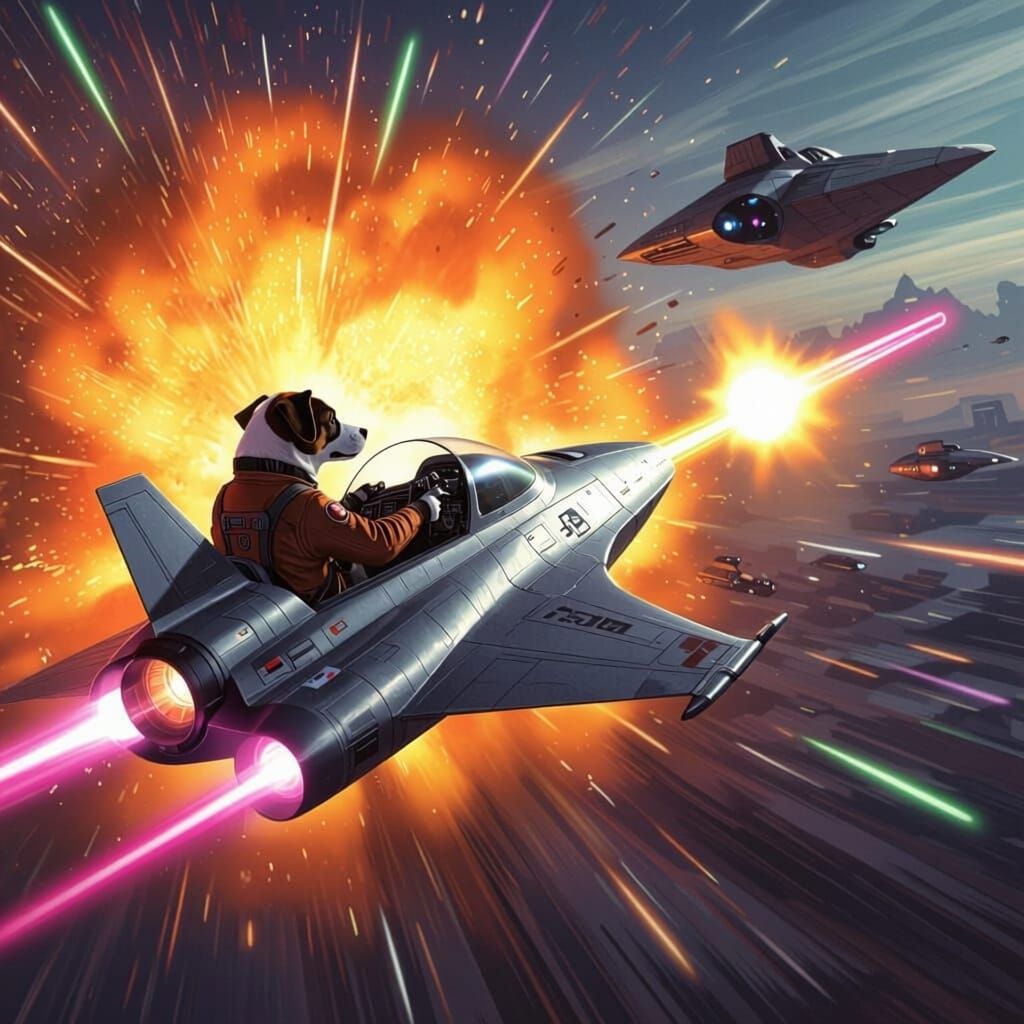 Dog Pilot in Space Ship Battles Enemy