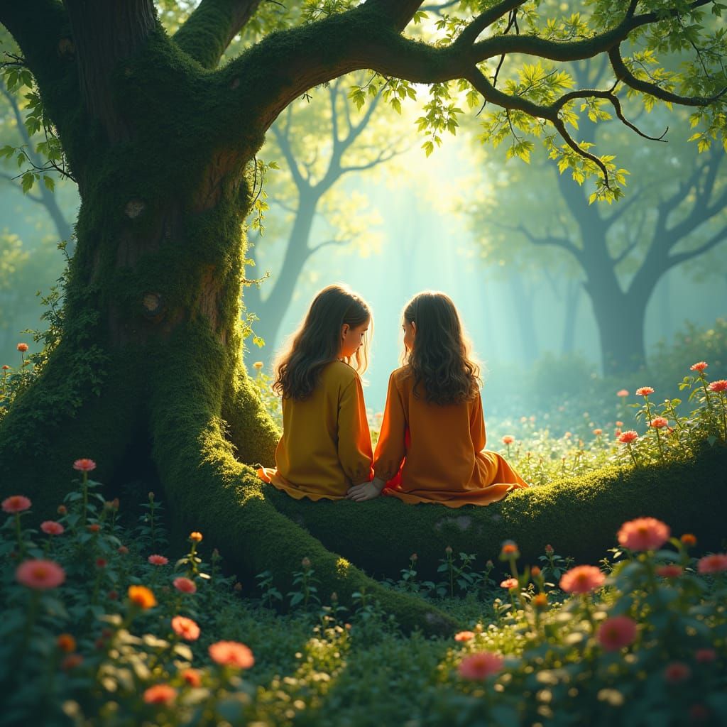 Surreal Forest Encounter in Dreamy, High-Fantasy Art Style