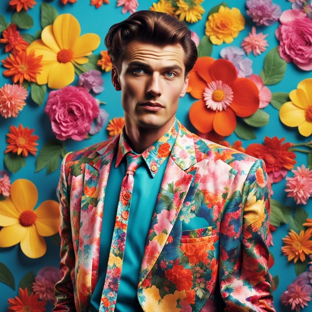 Colorful Florals in Retro Style Man Portrait