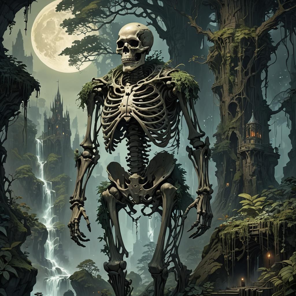 Giant Skeleton Leans Against Mountain, Forest Grown on Shoul...