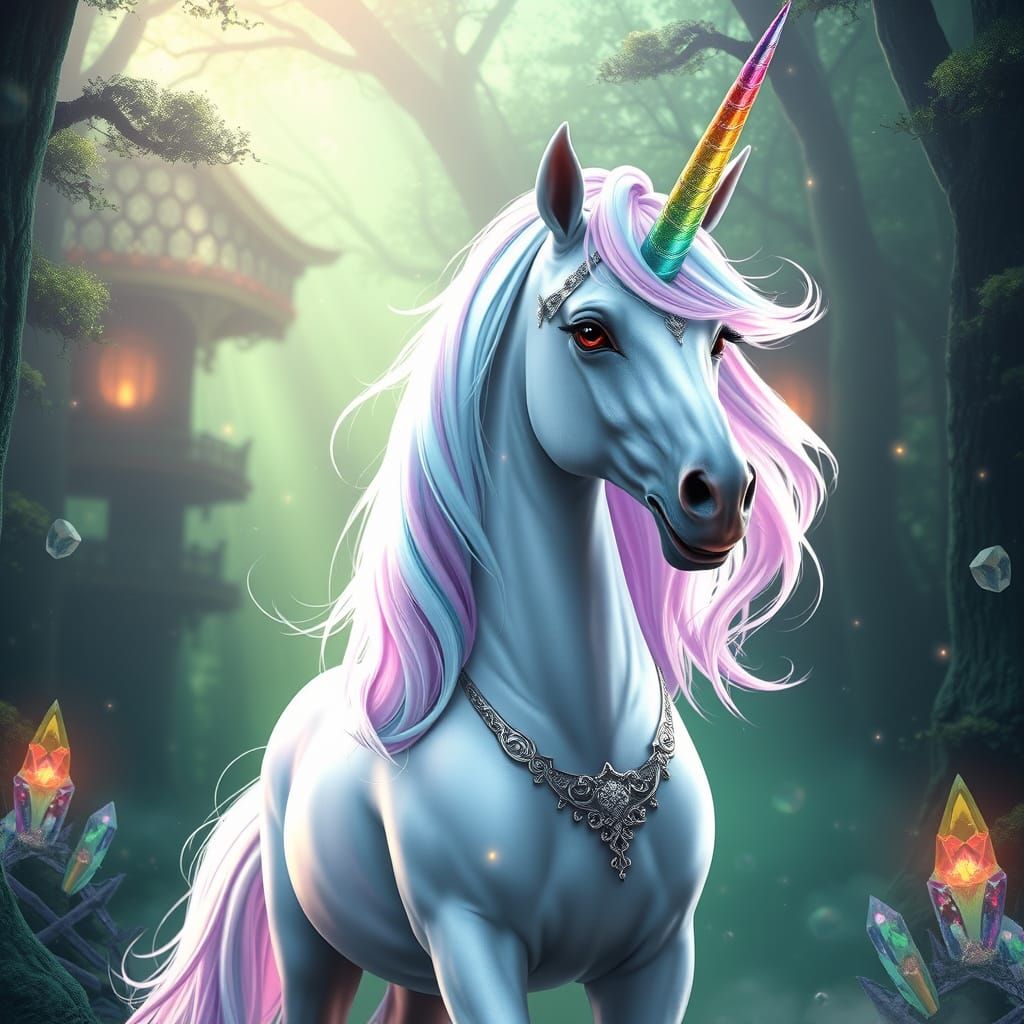 Rainbow Unicorn in Mystical Forest Temple