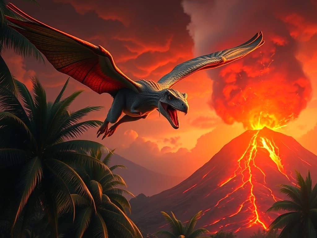 Pterodactyl Captures Baby Dinosaur Near Volcano