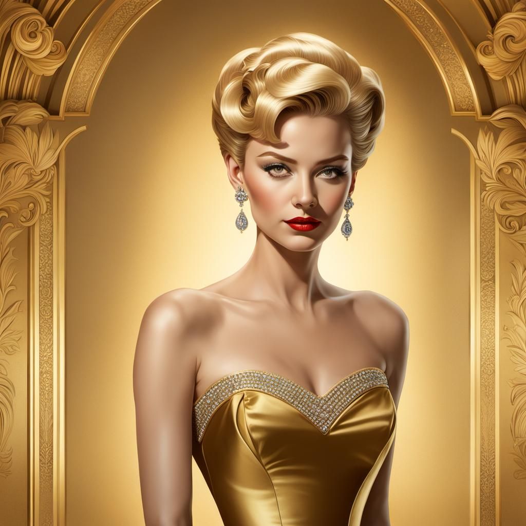 1950s Chic Lady in Shimmering Gold Ball Gown