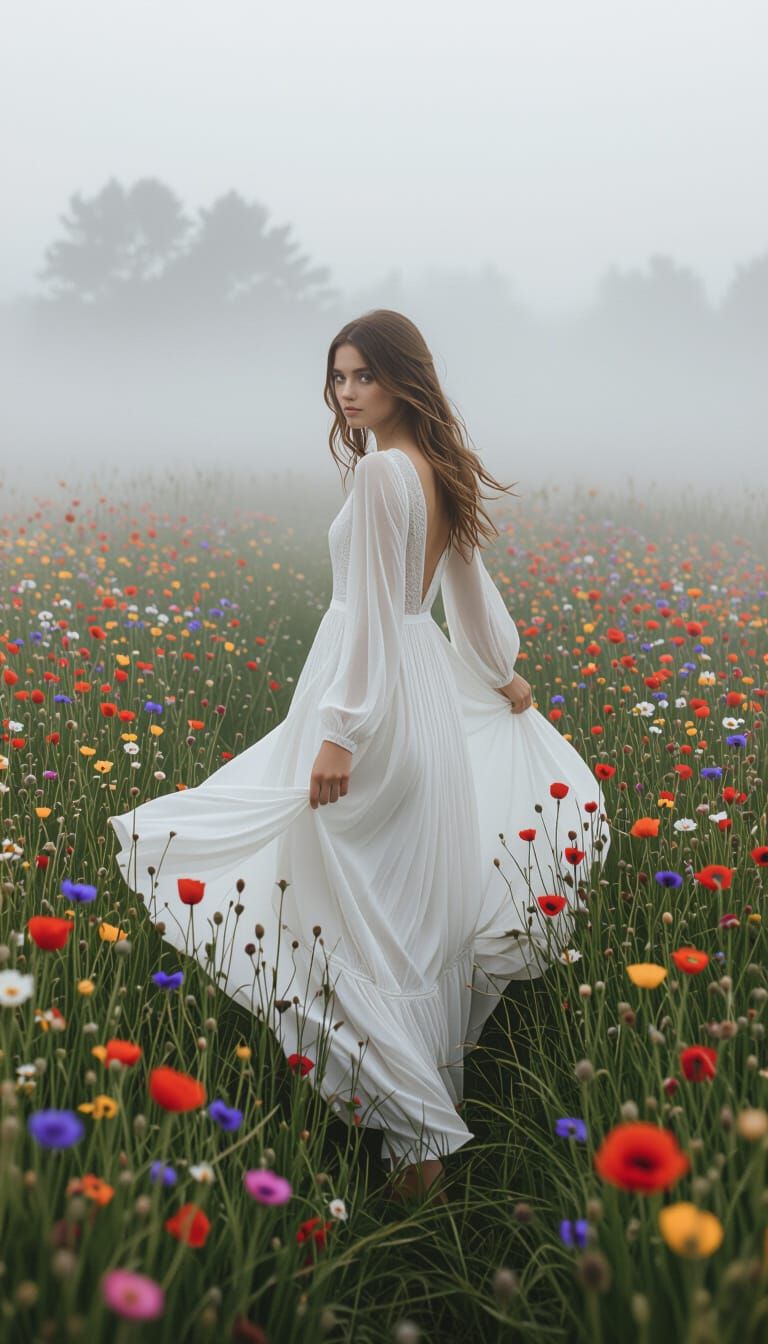 Ethereal Girl in Wildflower Field with Soft Light