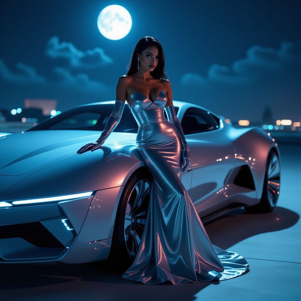 A captivating android in a shimmering gown and chrome gloves...