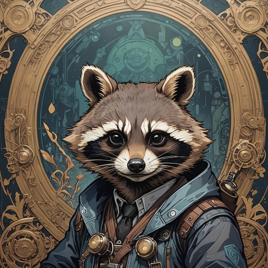 Raccoon in Dark Academia Cyberpunk Style