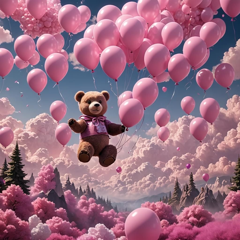 Surreal Teddy Bear in a Fantastical Cloudscape with Balloons