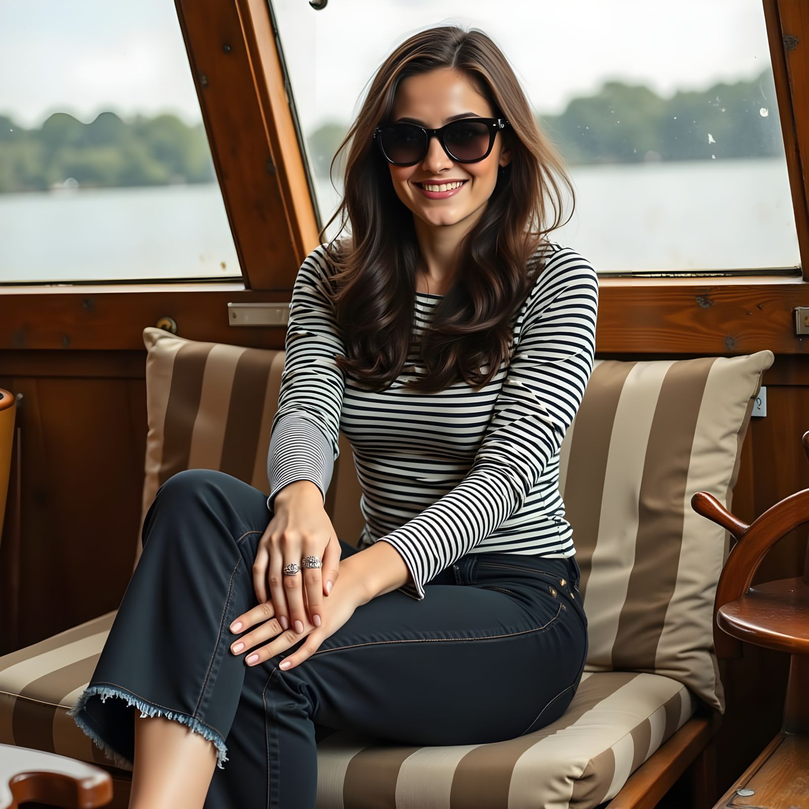 Woman Relaxing in Boat Interior with Nautical Details