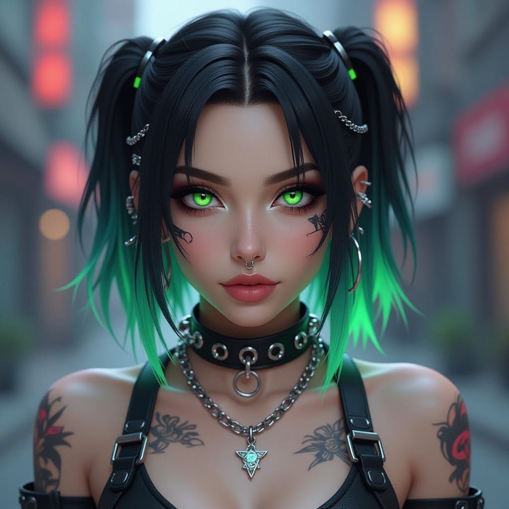 Cyberpunk Goddess with Neon Hair and Intense Gaze