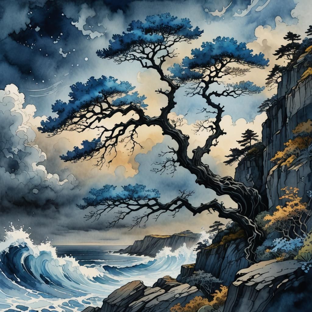 Curved Tree Blossoms Over Cliffside Sea in Vibrant Oxford Bl...