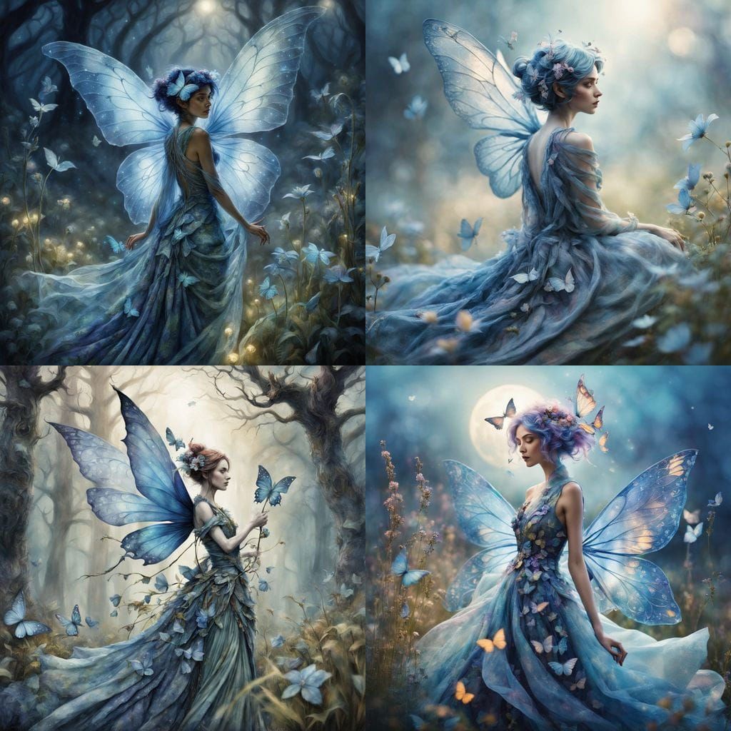 Pixie in a Dreamy Fabric Paradise with Blue Butterfly Wings