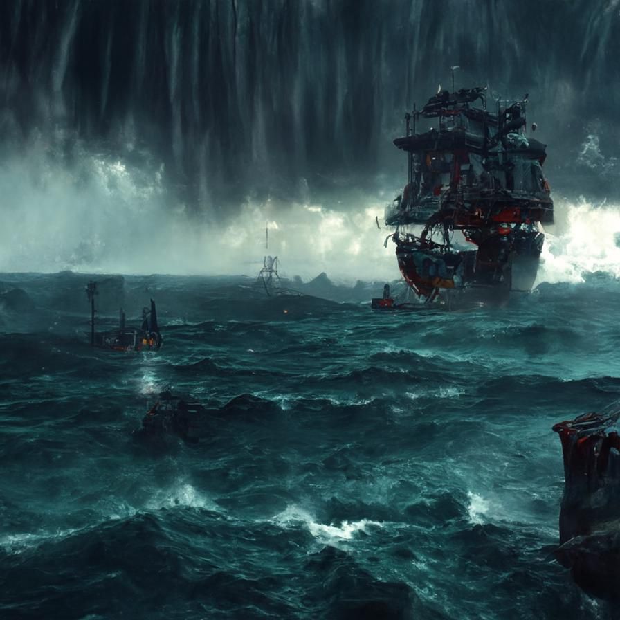 Epic Stormy Sea Scene: Pirate Ship Distant in Triadic Colors