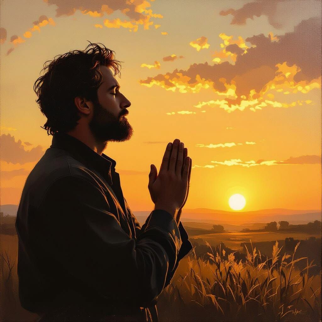 Man Praying at Sunrise in Dramatic Oil Painting Style