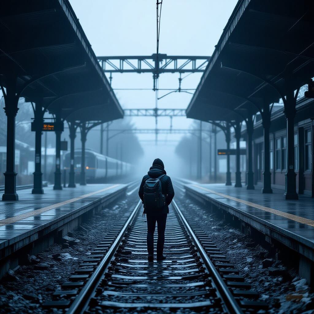Lone Traveler in Foggy Abandoned Station