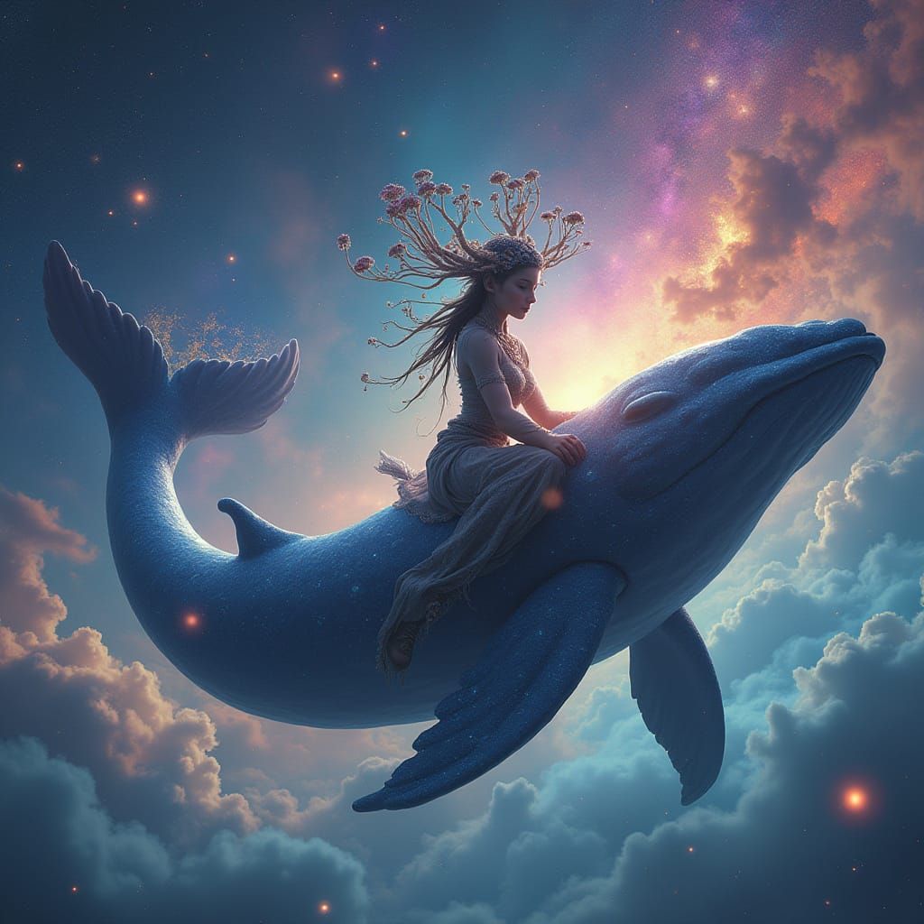 Cosmic Voyager Rides Star-Scaled Whale Through Vibrant Galax...