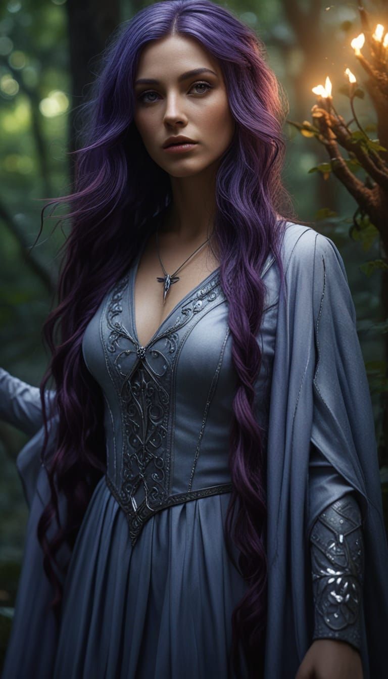 Sorceress Casting Spell in Mystical Forest: Digital Art