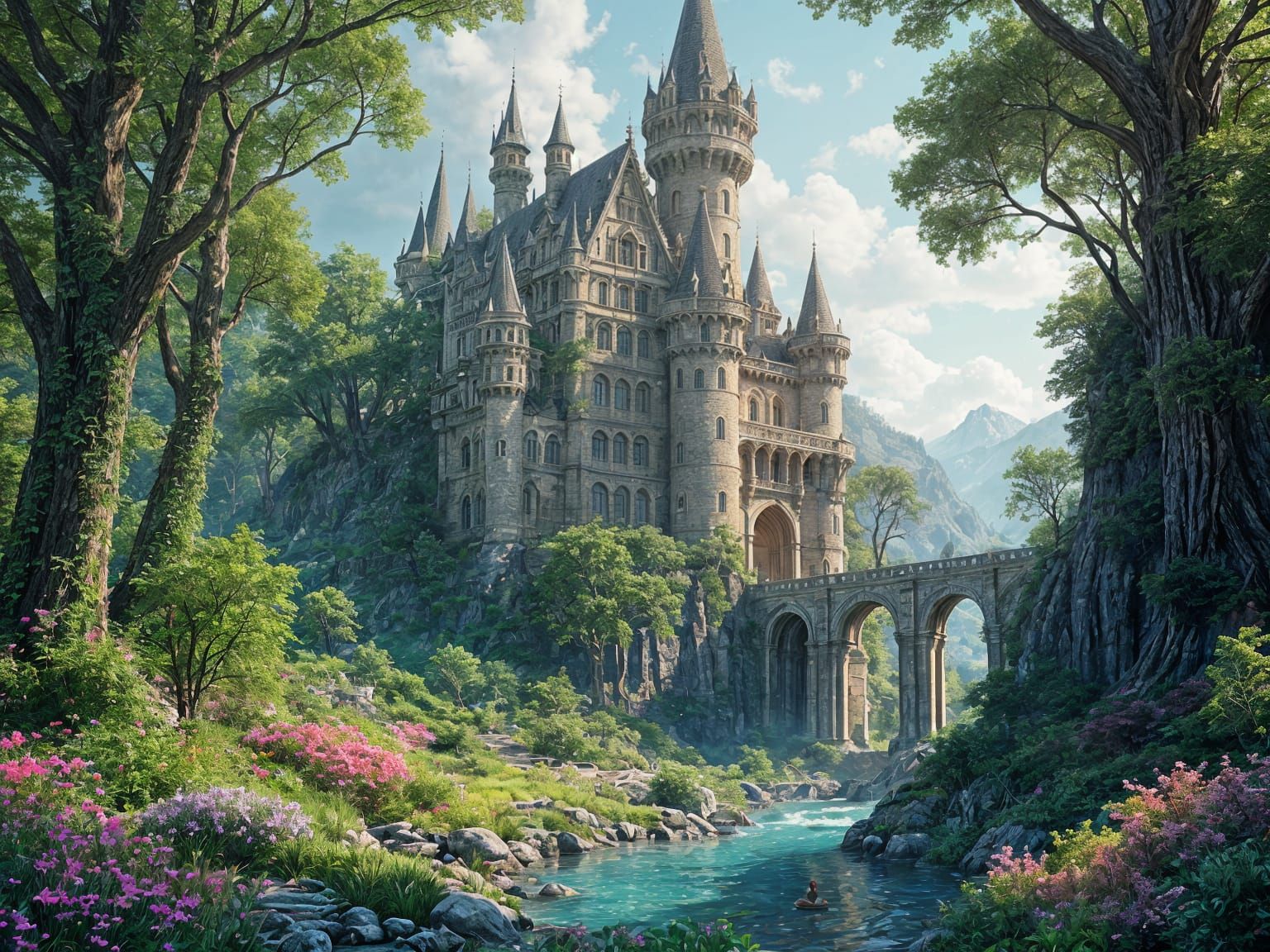 Epic Fantasy Castle Amidst Whimsical Forest