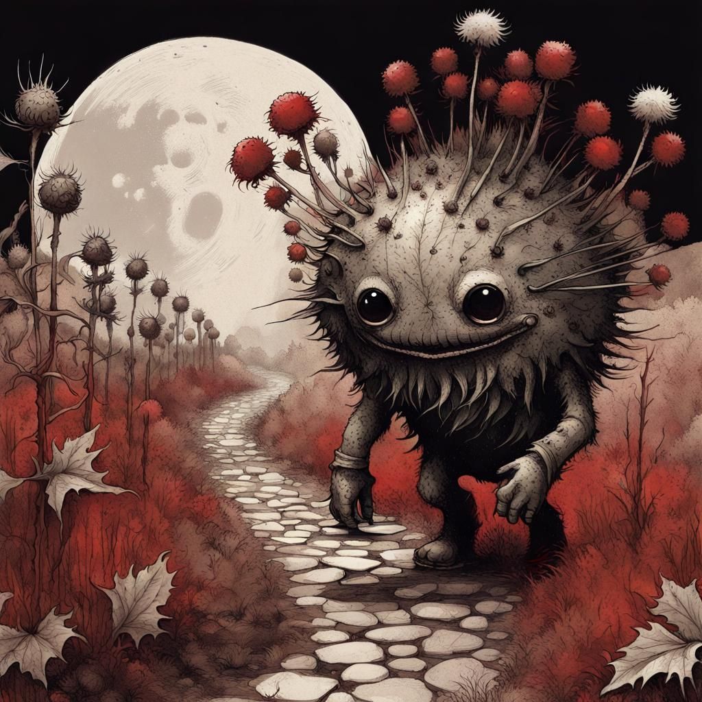 Whimsical Dark Fantasy Creature Strolls Toward the Moonlit P...
