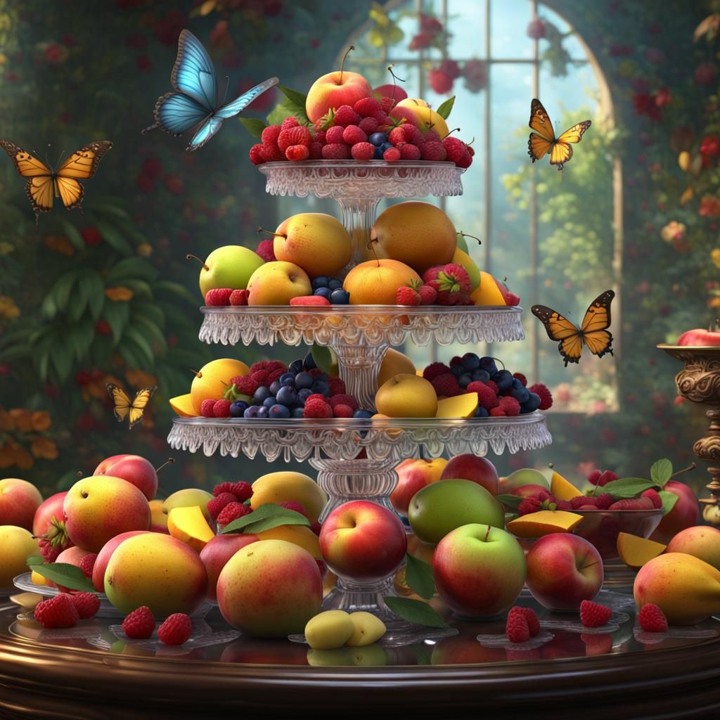 Surreal Fruit Platter with Majestic Butterflies in Fantastic...