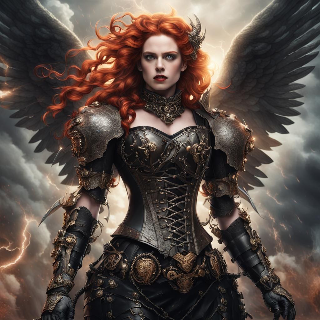 Gothic Steampunk Angel of Battle in Dark Fantasy Setting