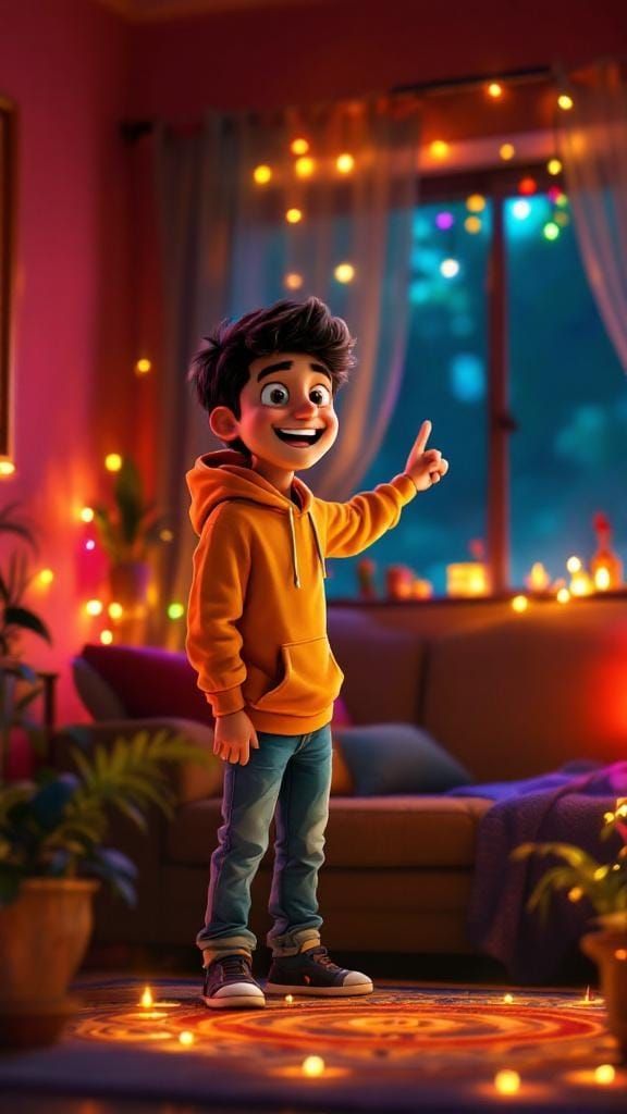 Joyful Indian Teenager in Diwali Living Room, Pixar Style