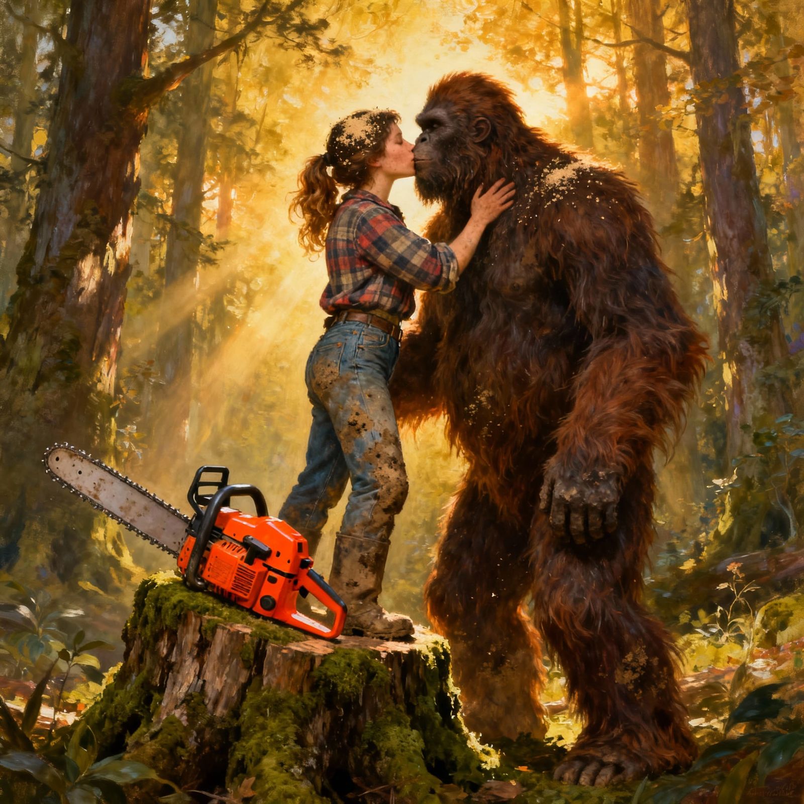Logger Kisses Bigfoot Beside Chainsaw in Forest