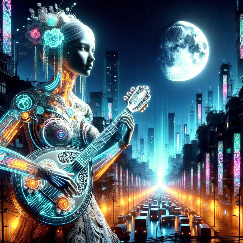 Cyberpunk Woman Plays Mandolin Under Aurora