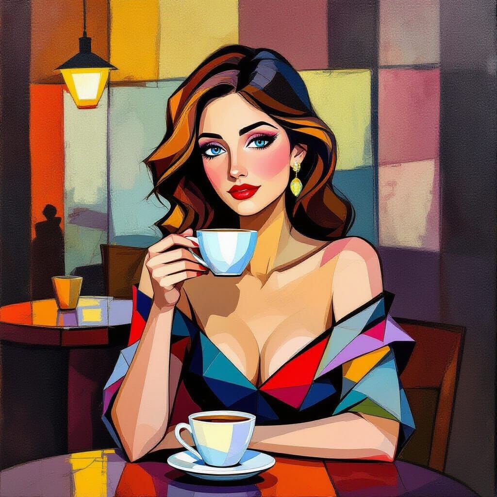 Cubist Portrait of Woman at Cafe
