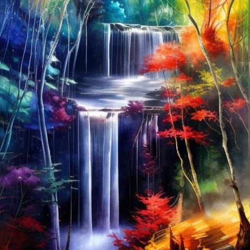Hyperdetailed Watercolor Forest Waterfall