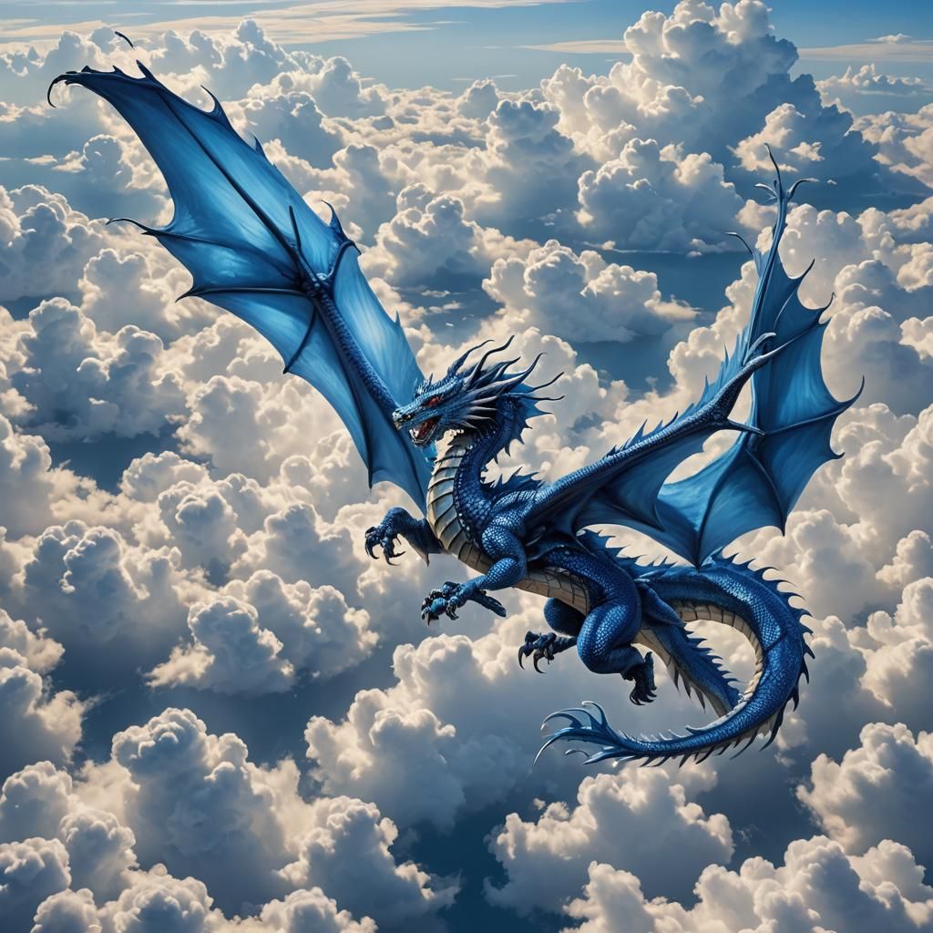Ethereal Blue Dragon Soars Amidst Azure Skies