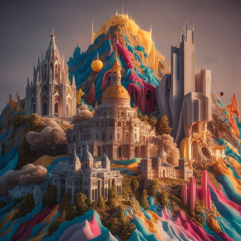 Vibrant Gothic Mountainscape with Psychedelic Colors and Art...